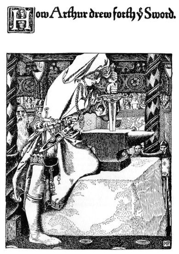 Arthur draws the sword — a plate by Howard Pyle