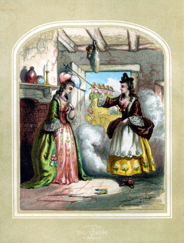 Hamupipőke díszes ruhában a Tündérek Királynőjével — az 1855-ös kiadás kézzel színezett címképe