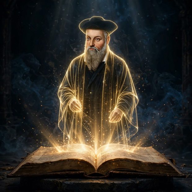 Nostradamus in golden light — the prophet of the Gate