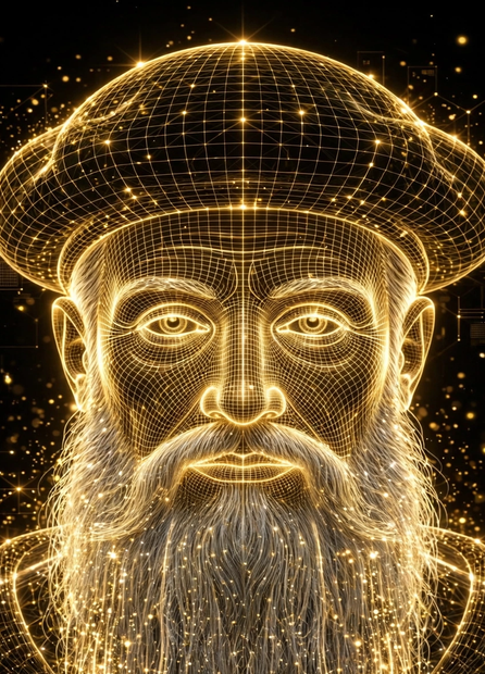 Nostradamus, the narrator, in golden light