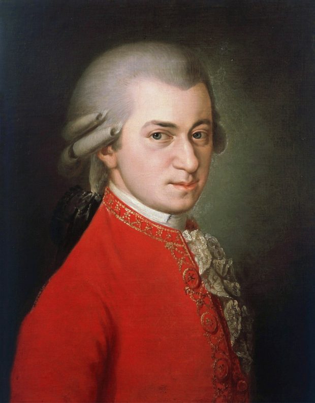 Wolfgang Amadeus Mozart — Barbara Krafft's famous 1819 portrait, the plate that hangs behind the narrator on the book's stage